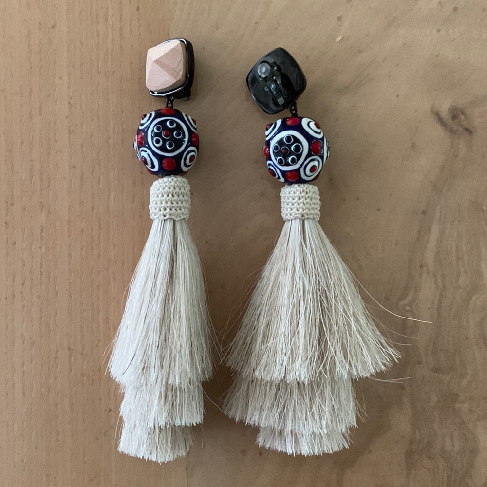 Tory Burch Horsehair, Enamel & Wood Fringe Tassel Clip-on Earrings